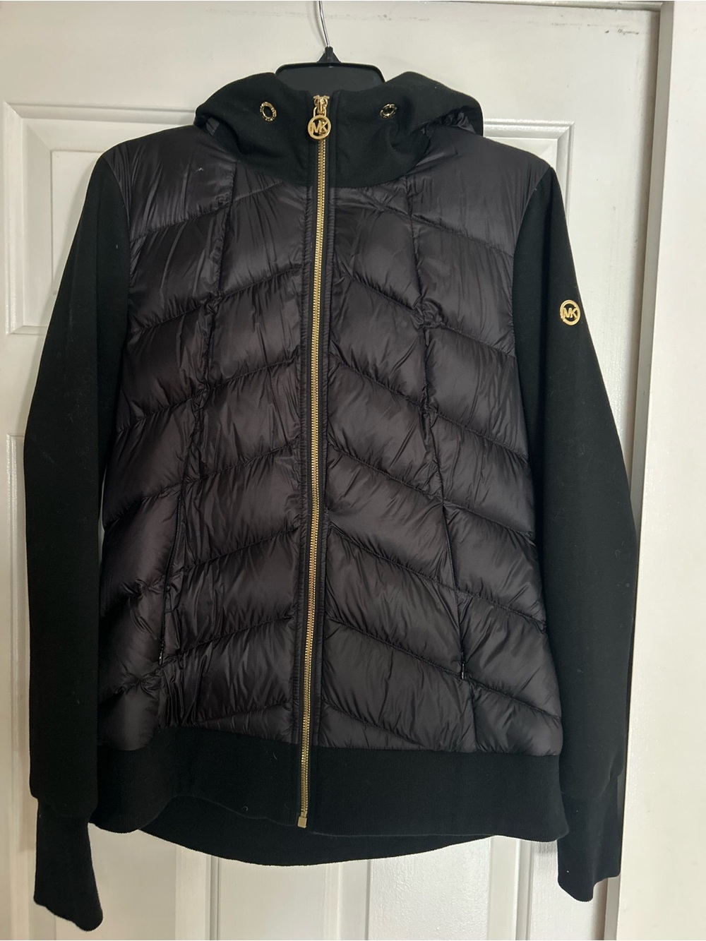 Michael Kors Black Quilted Hooded Puffer Jacket with Gold Hardware